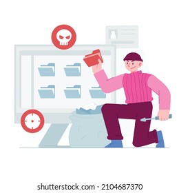 Stealing data concept vector Illustration idea for landing page template, Online Fraud, internet crime hacker steal information, phising and piracy, security safety leak, Hand drawn Flat Styles