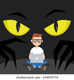 Stealing data conceptual illustration. Big yellow eyes spying behind the character's back / Flat editable vector illustration, clip art
