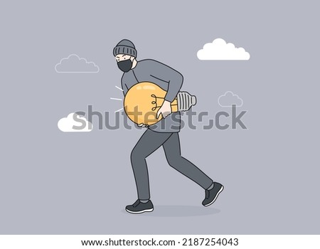 Stealing idea or plagiarism, piracy on intellectual property or infringement concept, thief man in black running with light bulb idea steal from other owner. vector