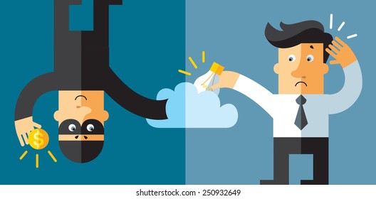 Stealing ideas from cloud. business flat vector illustration