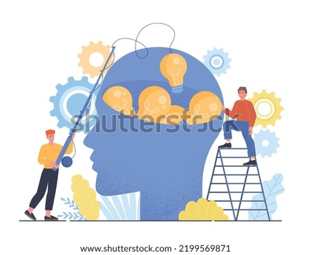 Stealing ideas concept. Man with fishing rod blows light bulbs from abstract silhouette of head. Theft of private property, violation of law and crime, jurisprudence. Cartoon flat vector illustration