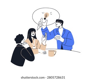 Stealing ideas at work. Dishonest employee with lightbulb at business meeting. Unfair unethical bad behavior, deception, plagiarism concept. Flat vector illustration isolated on white background