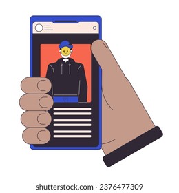 Stealing identity by smartphone flat line concept vector spot illustration. Cybercrime. Hacker personality theft 2D cartoon outline hand on white for web UI design. Editable isolated color hero image