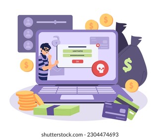 Stealing information concept. Man in mask stands on laptop screen near field with login and password. Internet hacker and scammer. Online danger. Cartoon flat vector illustration