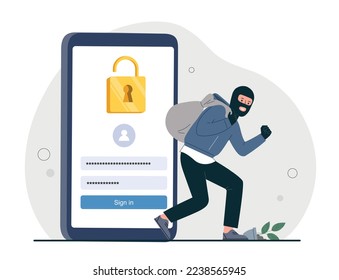 Stealing money concept. Man in mask with bag on background of smartphone. Security of personal data on Internet. Criminal and scammer, hacker hacked gadget and device. Cartoon flat vector illustration