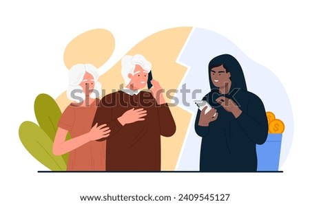 Stealing money from old people using mobile phone vector illustration. Cartoon elderly couple talking to scammer on telephone, dangerous conversation with thief of grandmother and grandfather victims