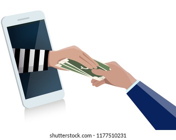 Stealing Money Online from business man Internet scammers online money transactions concept ,vector