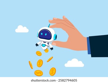 Stealing money from the technology. Government countries increase tax and to get all their money robot. Modern vector illustration in flat style