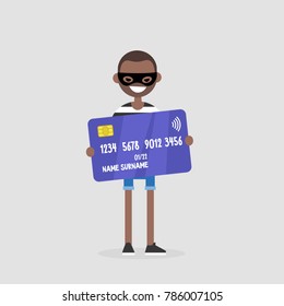 Stealing money. Thief in a black mask holding a credit card. Theft. Robbery. Flat editable vector illustration, clip art