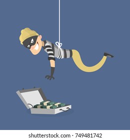Stealing the money. Thief in mask above th case with money.