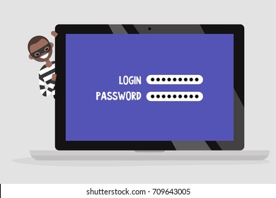 Stealing personal information concept. Black character wearing a black mask peeping out from behind the laptop screen