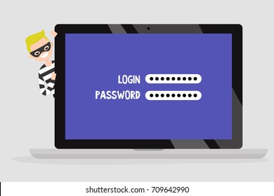 Stealing personal information concept. A character wearing a black mask peeping out from behind the laptop screen