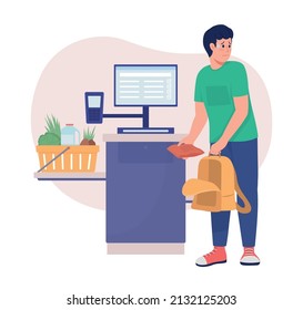 Stealing At Self Check Out 2D Vector Isolated Illustration. Customer Dishonesty. Supermarket Pilferer Flat Character On Cartoon Background. Grocery Colourful Scene For Mobile, Website, Presentation