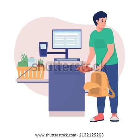 Stealing at self check out 2D vector isolated illustration. Customer dishonesty. Supermarket pilferer flat character on cartoon background. Grocery colourful scene for mobile, website, presentation