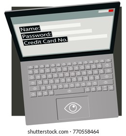 Stealing your information. Laptop with eye symbol on all the keys & track pad. On the screen are Name, Password & Credit Card.