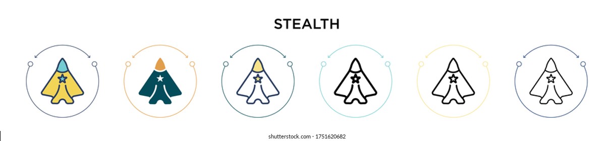 Stealth Icon in vollem, dünnen Linie, Umriss und Strich Stil. Vektorgrafik von zwei farbigen und schwarzen Stealth-Vektorgrafiken-Designs kann für mobile, i, web-basierte