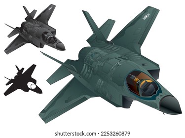 Stealth jet fighter aircraft F-35 Lightning2 illustration (Dark green color and monotone, black silhouette set)