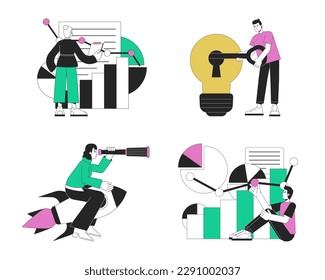 Stealth mode startup strategy flat line concept vector spot illustrations pack. 2D cartoon outline characters on white for web UI design. Editable hero images set for website landing, mobile header