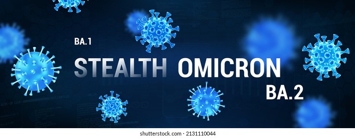 Stealth Omicron strain banner. Variety covid-19 ba.1 and ba2 category strain. Coronavirus 3D bacteria banner on blue background. Omicron virus illustration with germs flying. Vector coronavirus 