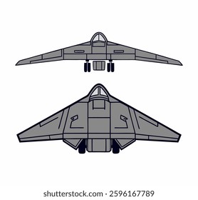 Stealth spirit b2 bomber jet -   front view, top view comparison, sleek gray aircraft, futuristic military plane, simplified illustration, clean lines, aerodynamic shape, minimalist style