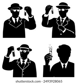 Stealthy man, scientist, secret agent with glasses, hat and suit holding a vial of medicine. Vector monochrome set of character silhouettes