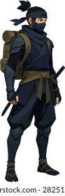 stealthy ninja with a backpack, three-quarter view, full body, covert vector illustration