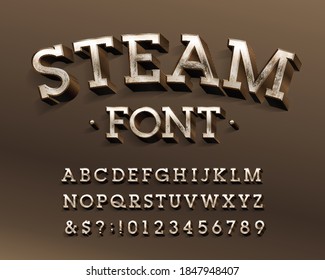 Steam alphabet font. 3d steampunk brass letters and numbers. Stock vector typescript for your design.