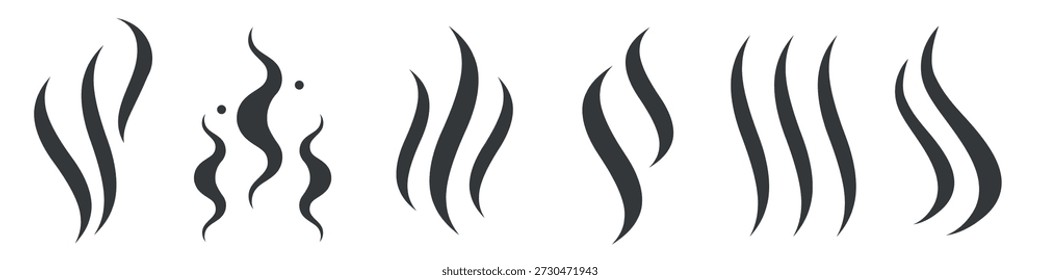 Steam, bad smell and flame icon set. Smoke smell, aroma heat icon illustration. Hot vapor fire doodle line logo. Hit stink, coffee. Flat vector illustration isolated on white background.