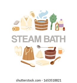 Ilustración vectorial de los accesorios de baño de vapor. Sauna y accesorios de baño para el vapor de procedimientos saludables en sauna y spa. Baldes, escobas, jabones y telas para relajarse en la sauna de vapor.