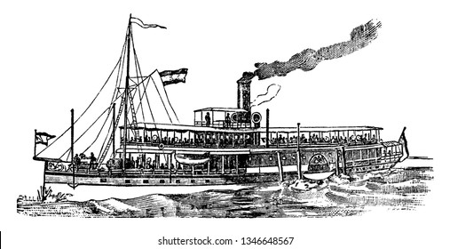 Steam Boat is a boat that is propelled primarily by steam power typically driving propellers or paddlewheels, vintage line drawing or engraving illustration.