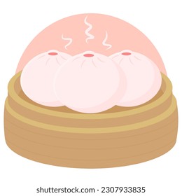 Steam bun or baozi on a bamboo steamer flat design illustration. Traditional Chinese food