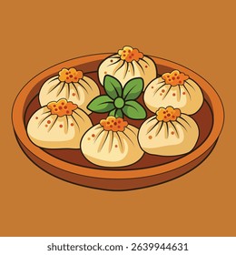 Steam Buns or dumplings or momo, Asian food vector illustration