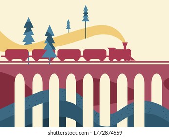 Steam carriage train moves on an large old arched bridge,  vector graphics