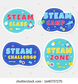 Steam Class, Camp and Zone Colorful Stickers or Banners for Kids Playrooms and School Spaces. Vector Illustration
