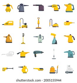 Steam cleaner icons set. Flat set of steam cleaner vector icons isolated on white background