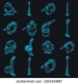 Steam cleaner icons set. Isometric set of steam cleaner vector icons neon color on black