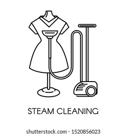 Steam cleaning service of company dress on mannequin and machine vector. Isolated clothes and special appliance for killing bacteria and removing stains and dirt from outfit flat style illustration