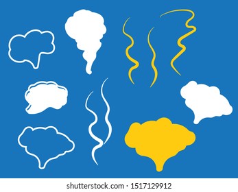 Steam, cloud and smoke icons. Hand drawn doodle smoke, clouds and fog