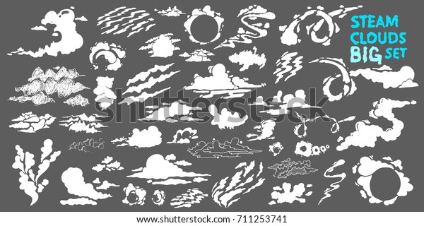 蒸気雲大セット 広告ポスター エフェクト デザイン用のフラットなクリップアートをフォグ 漫画の白い煙 ベクターイラスト グレイの背景に分離型 のベクター画像素材 ロイヤリティフリー 711253741