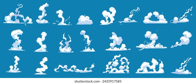 Steam clouds mega set in cartoon graphic design. Bundle elements of white smoke motions with fluffy trails, cloudy vapour shape and wind speed comic effects. Vector illustration isolated objects