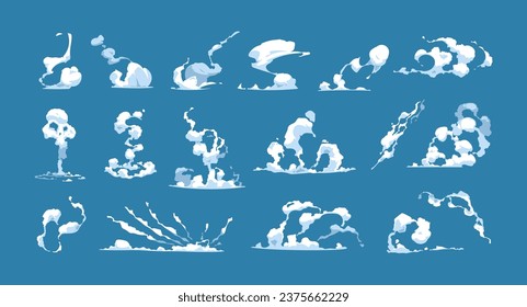 Nubes de vapor. Pista de niebla azul y vapor para niños juego, flujo de aire y efecto de viento para diseño de interfaz de usuario. Colección aislada de vectores de dibujos animados niebla de vapor