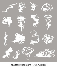 Steam Clouds set cartoon style. Smoke Fog or Steam different shapes vector illustration