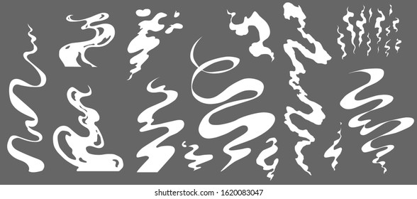 Steam clouds set. Cartoon white smoke vector Illustration. Fog flat isolated clipart for design, effects, advertising posters. Mist, fog, watery vapour or dust explosion, menu and web design 2D VFX 