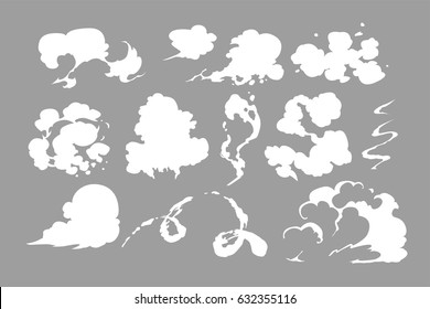  Steam clouds set. Cartoon white smoke vector Illustration. Fog flat isolated clipart for design, effects and advertising posters