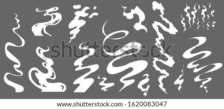 Steam clouds set. Cartoon white smoke vector Illustration. Fog flat isolated clipart for design, effects, advertising posters. Mist, fog, watery vapour or dust explosion, menu and web design 2D VFX 
