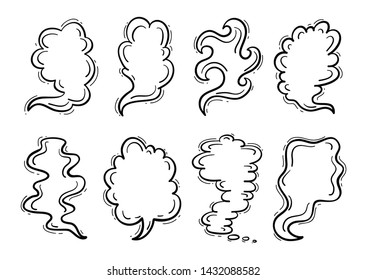 Steam Clouds Silhouette Vector Set. Hand drawn Doodle Sketch Smoke, Clouds, Fog or Steam. Black and White Drawing