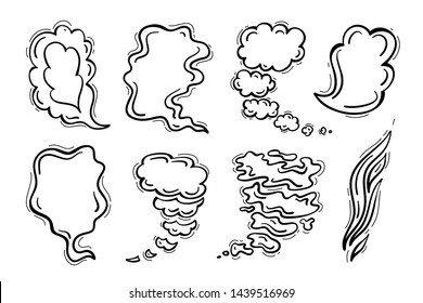 Dampf Wolken Silhouette Vektorillustration Set. Handgezeichnete Doodle Sketch Rauch, Wolken, Nebel oder Dampf. Schwarz-Weiß-Zeichnung