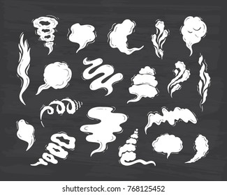 Steam clouds silhouette Vector Set. Hand drawn Doodle Smoke, Clouds, Fog or Steam. Chalk Board background. Black and white illustration