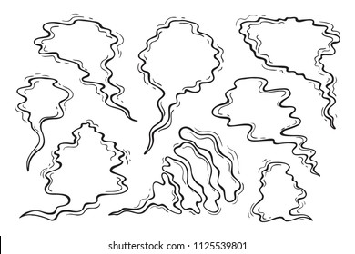 Steam clouds Vector Set. Hand drawn Doodle Smoke, Cloud, Fog or Steam. Black and white drawing