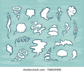 Steam clouds Vector Set. Hand drawn Doodle Smoke, Clouds, Fog or Steam